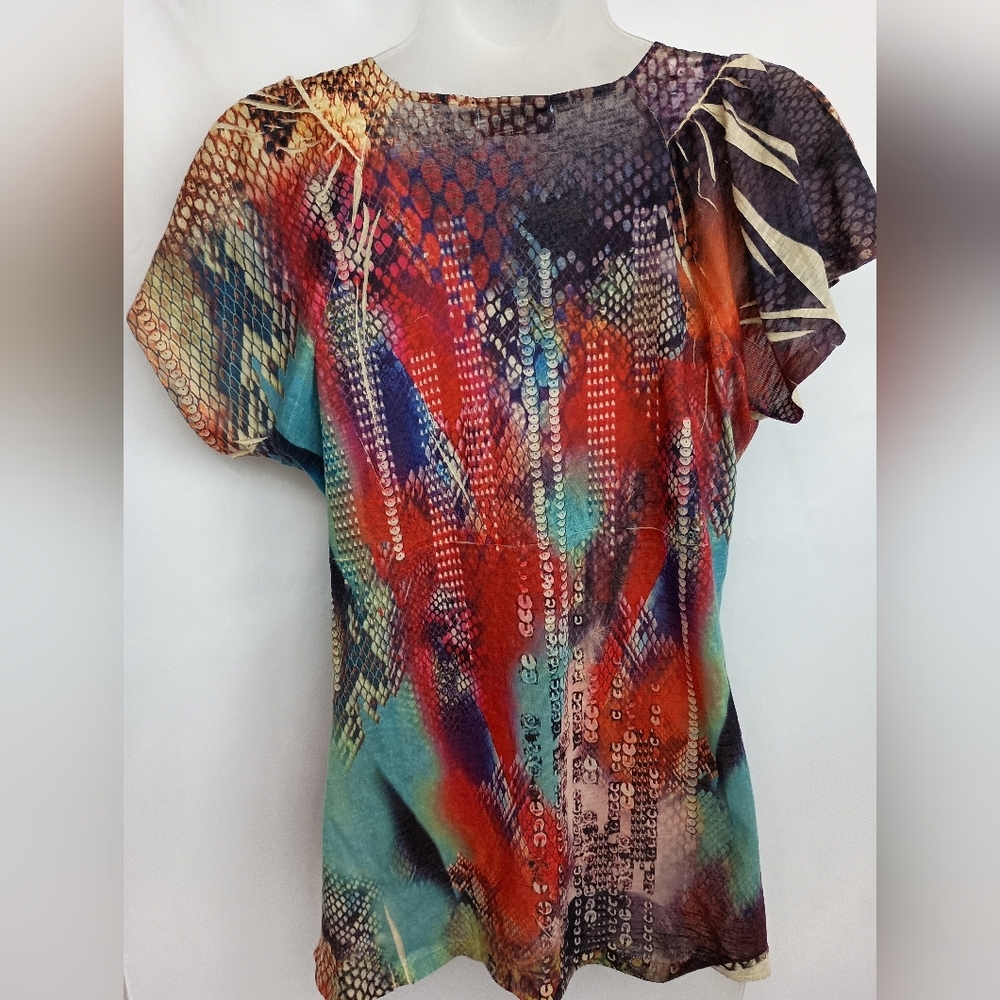 UNITY WORLD WEAR‎ Artsy Colorful Multicolor,Mob Wife, Animal Print V-Neck Top - Picture 6 of 7